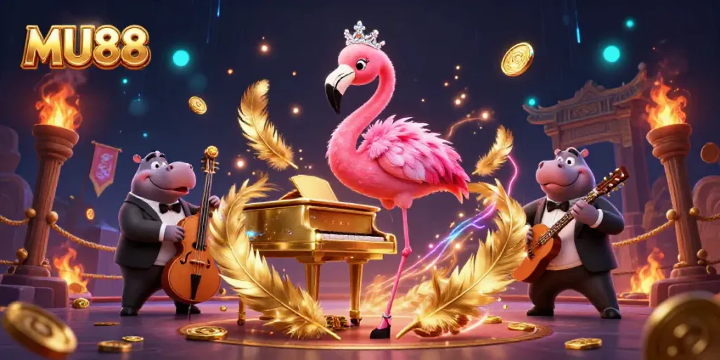 Experience the vibrant atmosphere of MU88 with a bustling casino scene featuring animated characters and dynamic gaming elements.