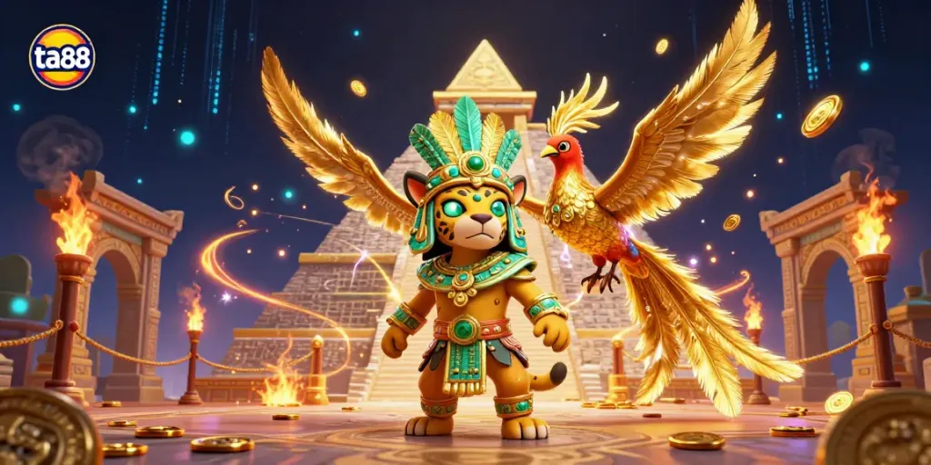 Engage in thrilling cockfights at ta88, featuring a Mayan jaguar priest, golden feathers, and an atmospheric arena.