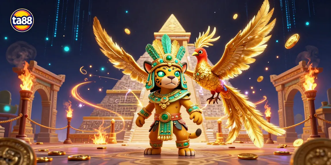 Engage in thrilling cockfights at ta88, featuring a Mayan jaguar priest, golden feathers, and an atmospheric arena.