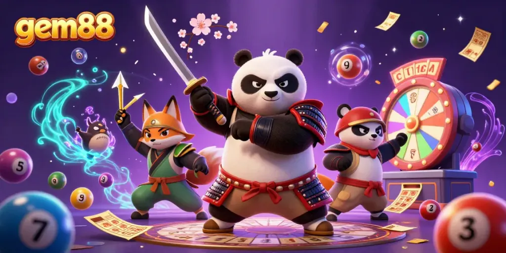 Experience gem88's vibrant gaming world with a dynamic scene of exciting characters and numerous casino elements.