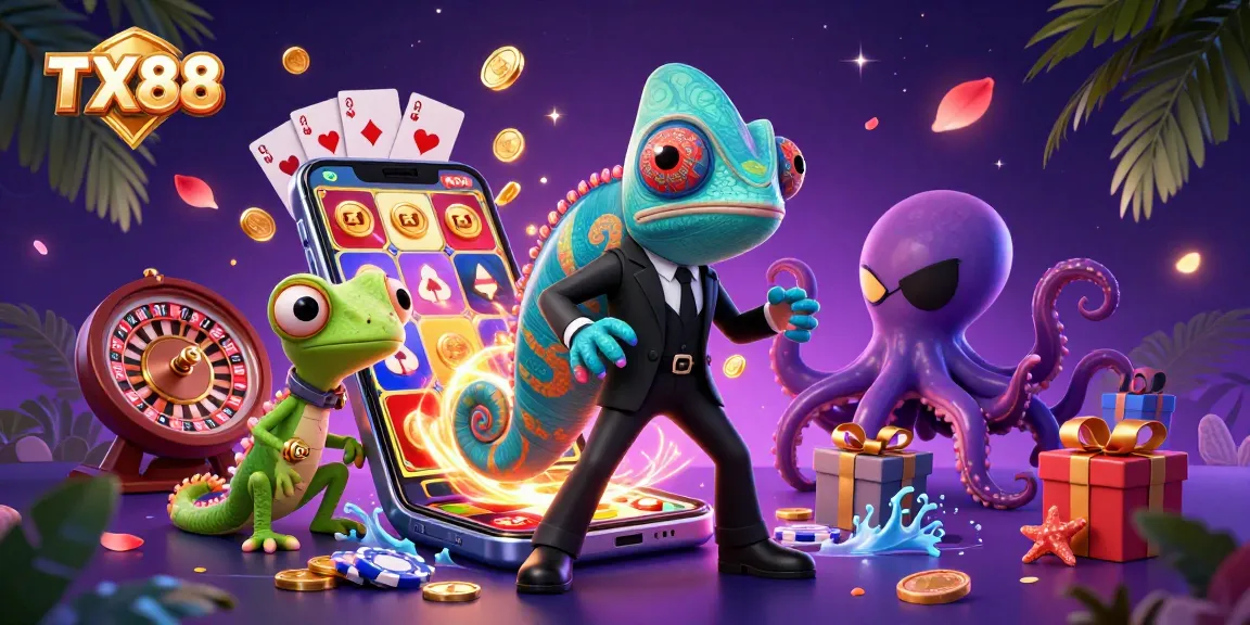 TX88 reveals winning smartphone slots in a vibrant casino adventure with colorful characters.