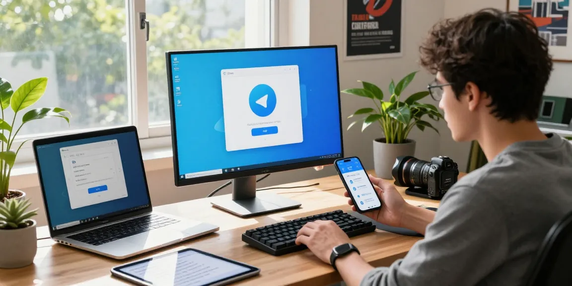 Download Telegram app on desktop and smartphone while exploring installation steps in a modern tech workspace.