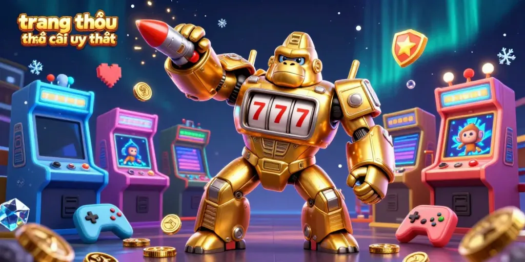 Engage with the dynamic world of "trang chủ nhà cái uy tín" featuring a golden gorilla mech amidst stunning arcade game machines.