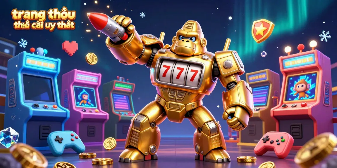 Engage with the dynamic world of "trang chủ nhà cái uy tín" featuring a golden gorilla mech amidst stunning arcade game machines.