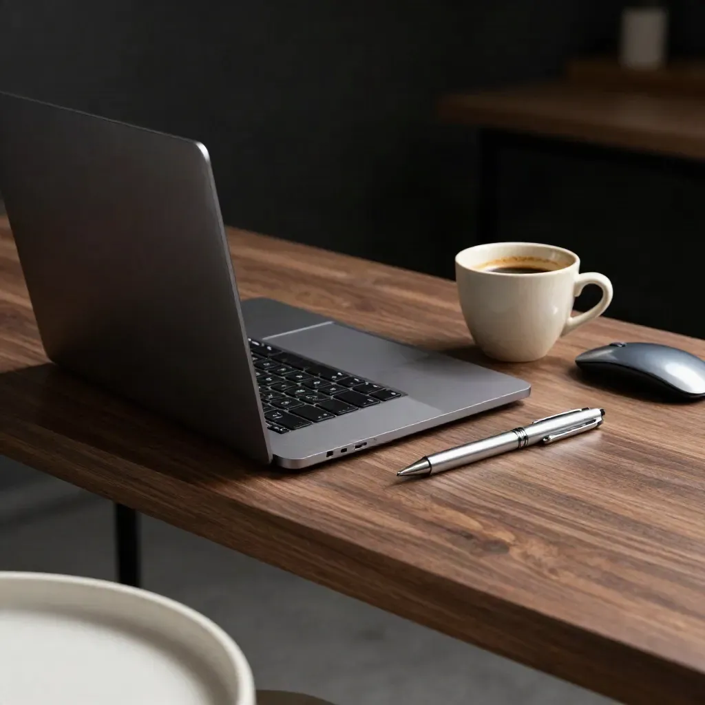 Kapalı ultrabook, espresso fincanı, çelik kalem ve fareyle sakin sabah çalışma kiti.