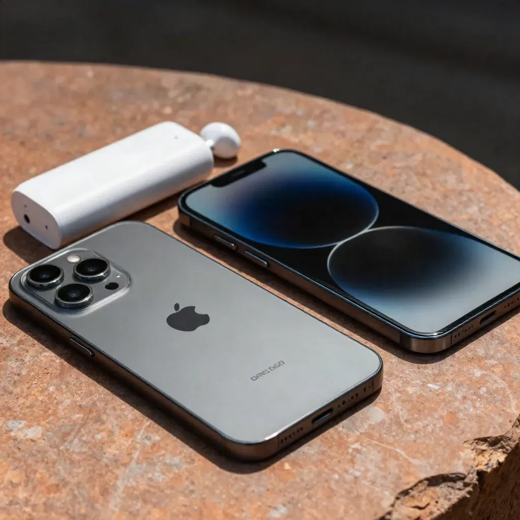 Mat ve parlak iki akıllı telefon, şarj adaptörü ve kulaklık uçları taş yüzeyde.