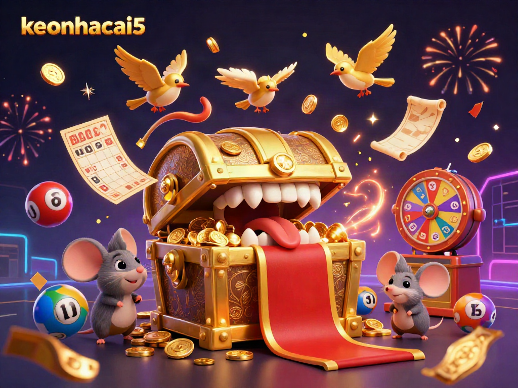 Engage with exciting deals on keonhacai5 as colorful lottery balls bounce in a vibrant casino scene.