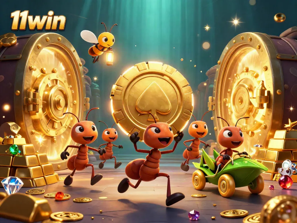 Experience excitement at 11win with animated ants carrying a giant poker chip in a vibrant 3D illustration.