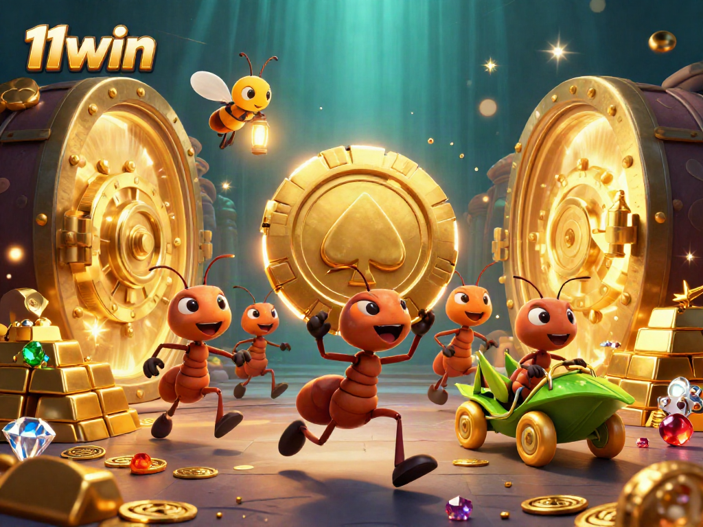 Experience excitement at 11win with animated ants carrying a giant poker chip in a vibrant 3D illustration.