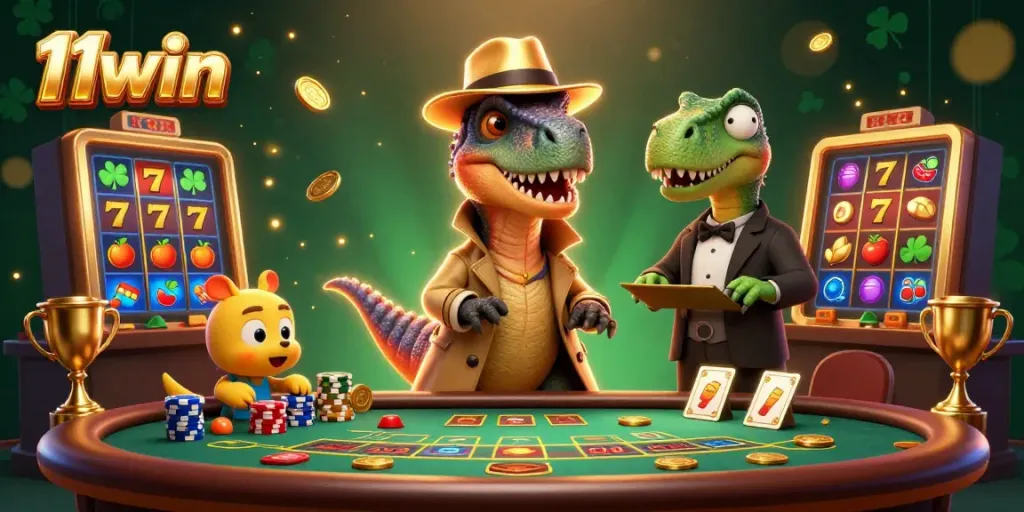 Experience the thrilling world of 11win with a vibrant casino scene featuring animated characters at a blackjack table.