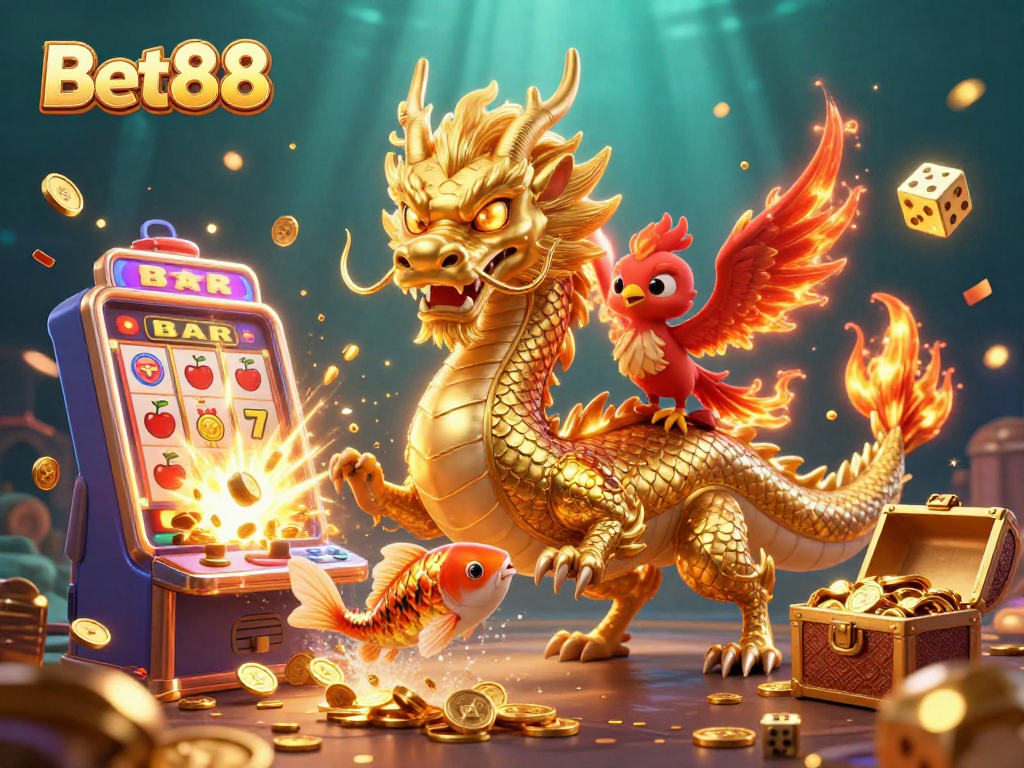 Experience exciting gameplay at Bet88 with a vibrant illustration featuring dragon, phoenix, and treasures.
