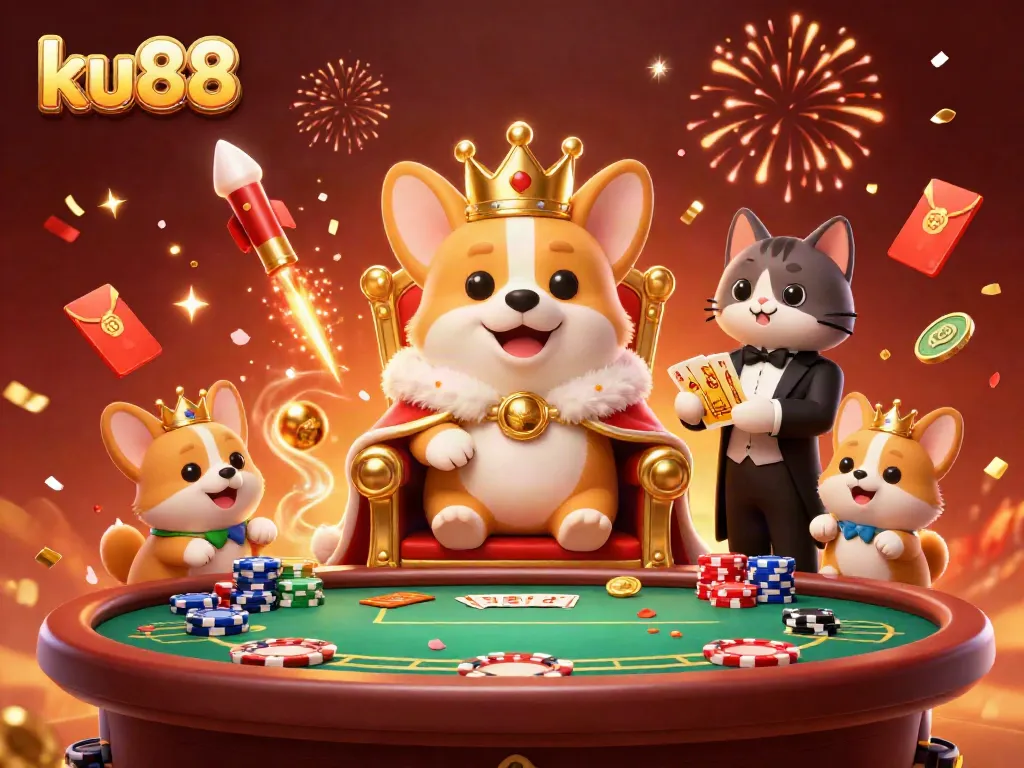 Engage in exciting gambling with ku88 as a royal corgi thrives in a lavish casino setting.