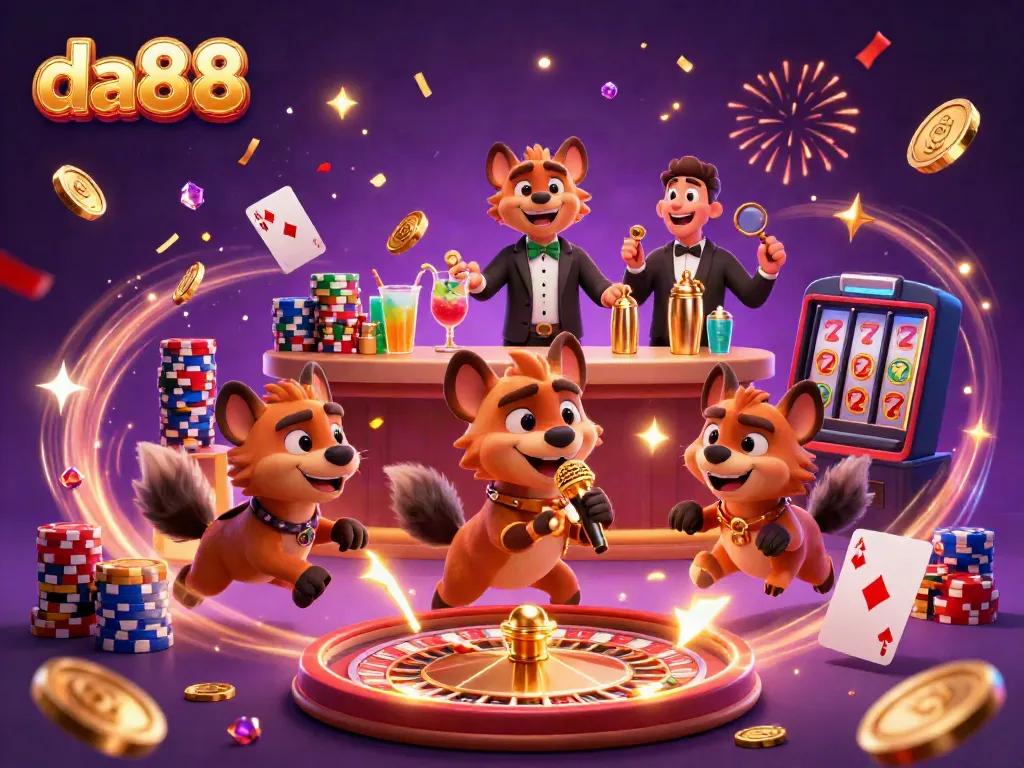 Experience the vibrant casino atmosphere at da88 with lively hyena characters showcasing different roles.