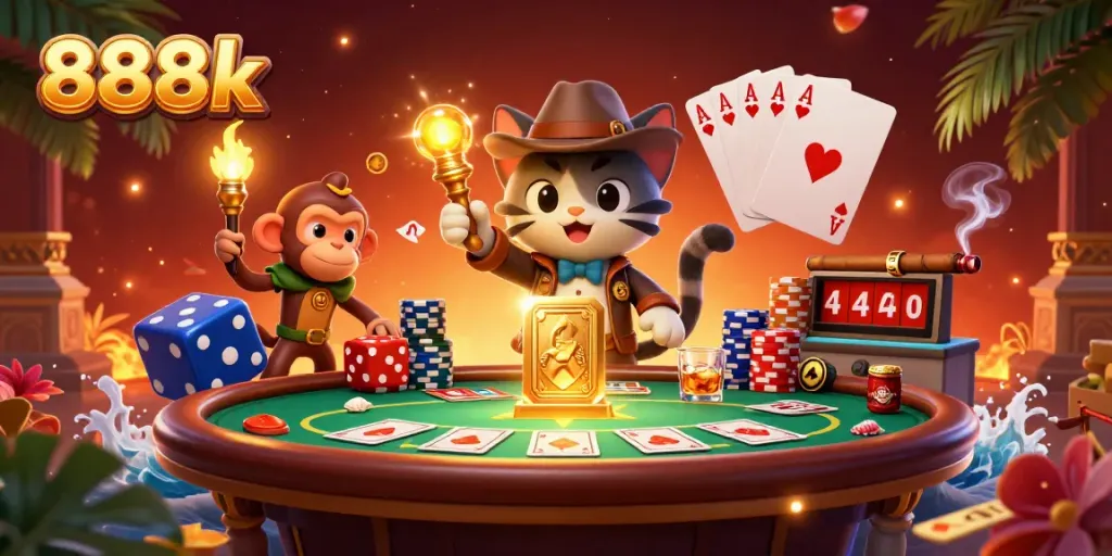 Engage with the exciting world of 888k as a cat explorer and monkey unveil a golden casino artifact.