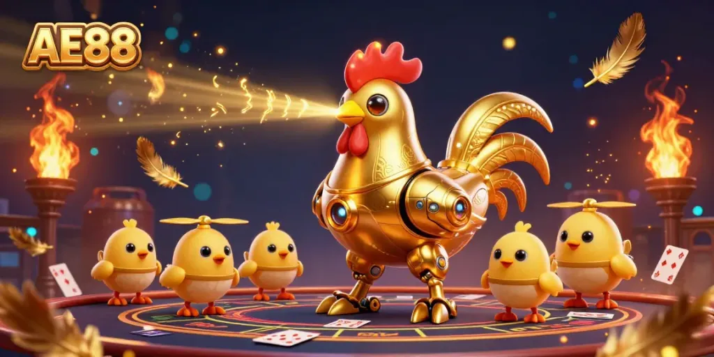 Experience the thrilling AE88 live casino atmosphere with golden rooster robot and baby chick drones navigating through a vibrant gaming scene.