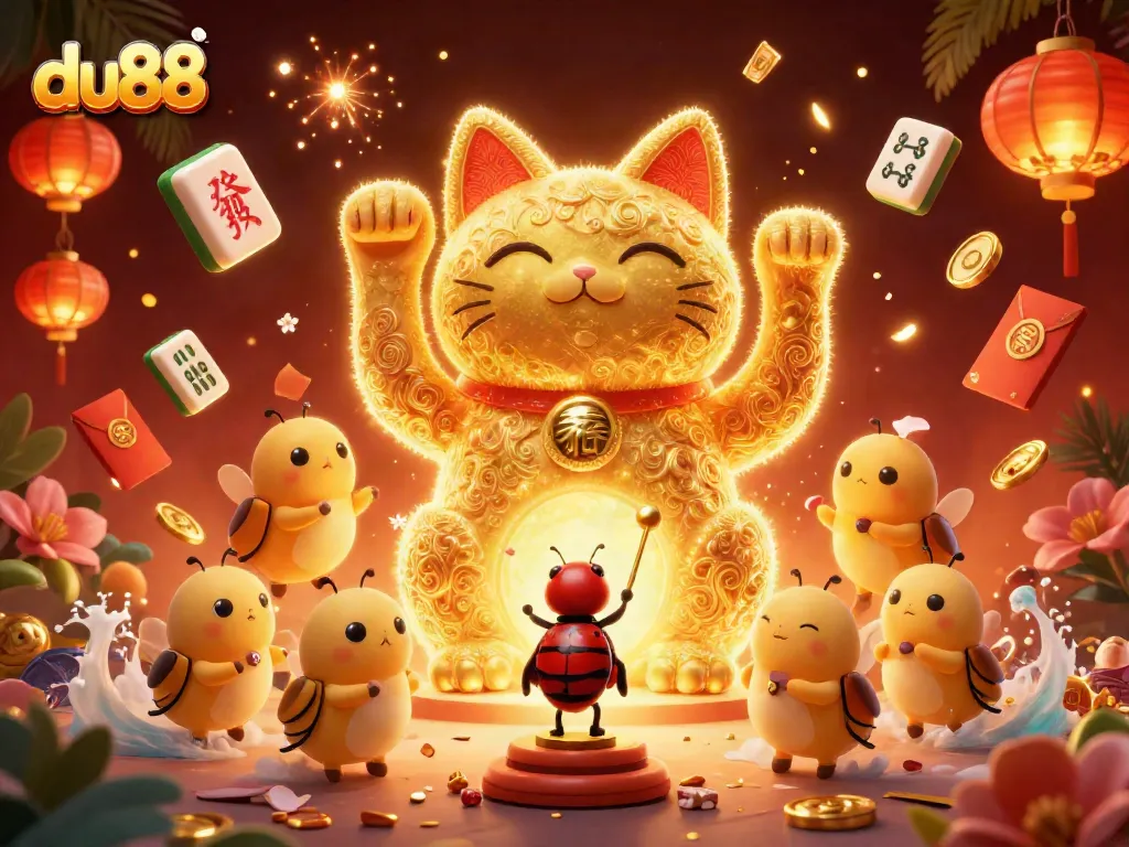 Experience excitement at du88 with a vibrant scene of a giant lucky cat and casino symbols amidst festive decorations.