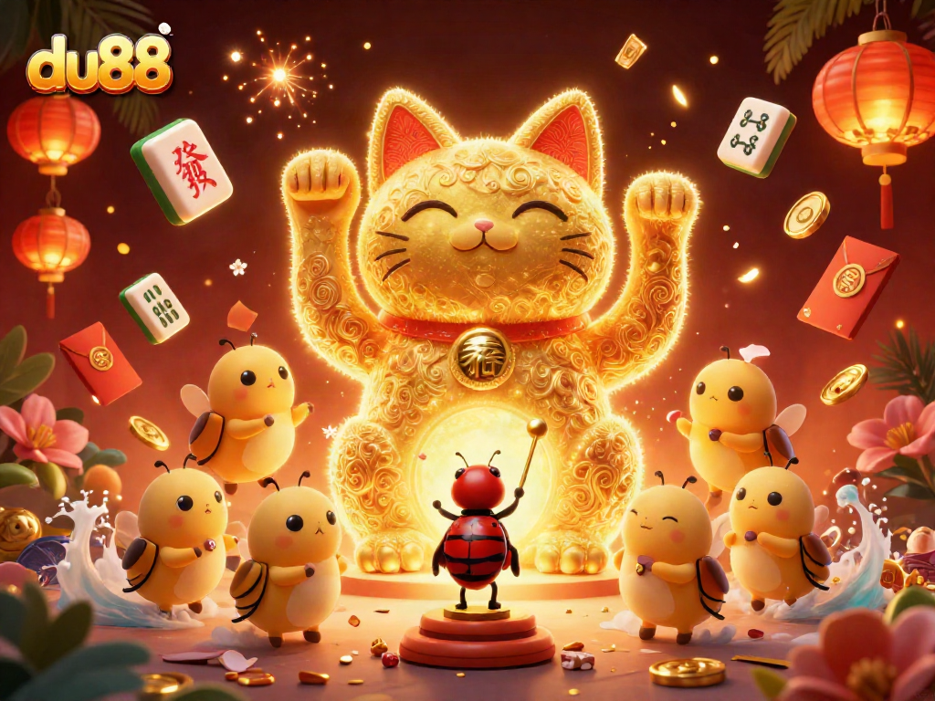 Experience excitement at du88 with a vibrant scene of a giant lucky cat and casino symbols amidst festive decorations.