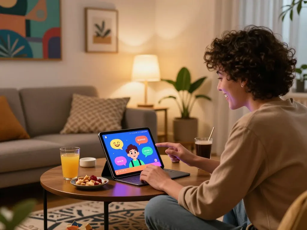 A vibrant chat with a spicy AI character in a cozy digital lounge setting, showcasing engaging interaction and a lively atmosphere.