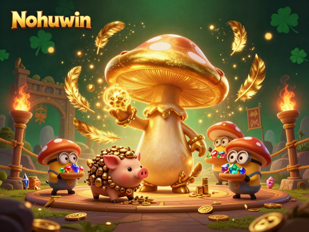 Nohuwin wizard transforms game treasures with a truffle pig among vibrant slots and jackpot elements.