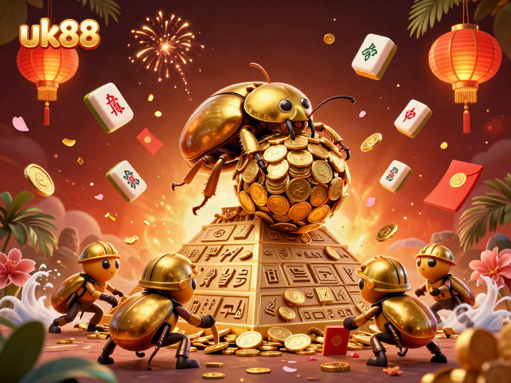 Experience the excitement at uk88 with golden beetles, casino symbols, and vibrant decorations in this dynamic scene.