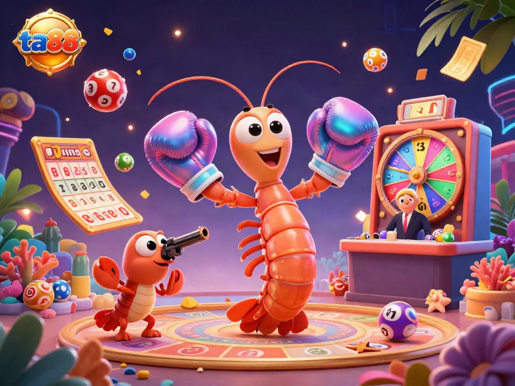 Experience the thrill of ta88 with dynamic elements like lottery balls and a vibrant mantis shrimp character.