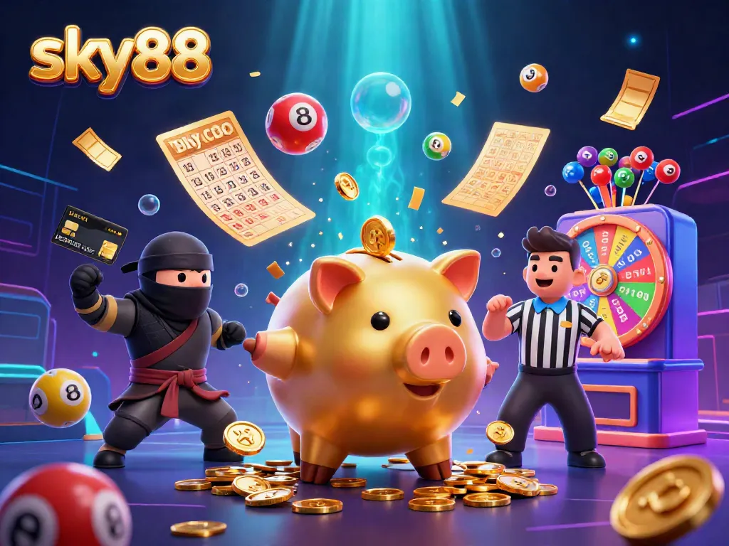 Engage with sky88's vibrant gaming scene featuring cartoon characters and colorful gambling elements.