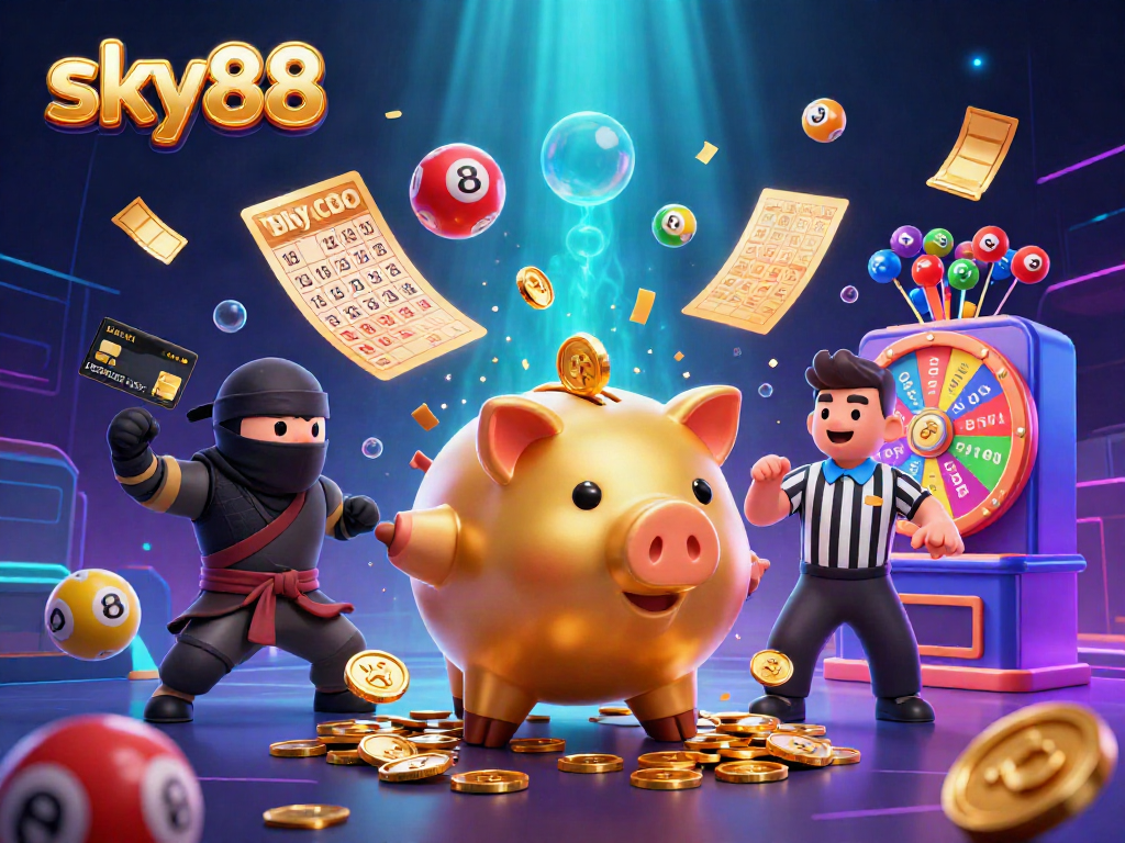 Engage with sky88's vibrant gaming scene featuring cartoon characters and colorful gambling elements.