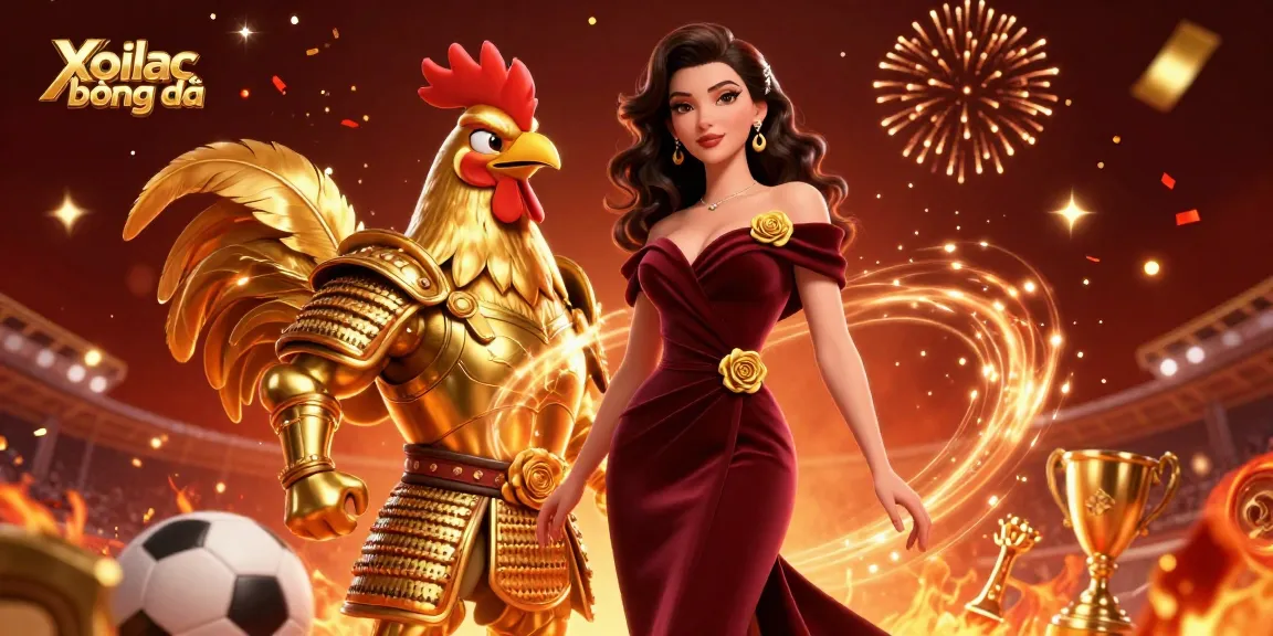 Xoilac bóng đá showcases a glamorous woman and golden rooster warrior amid a vibrant sports betting celebration.
