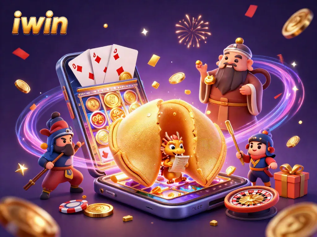 Engage with iwin's exciting gaming adventures featuring a golden fortune cookie and magical dragon.