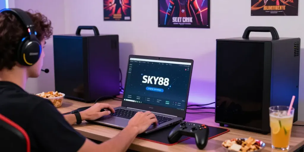 Engaging with the SKY88 online gaming platform in a vibrant gaming setup
