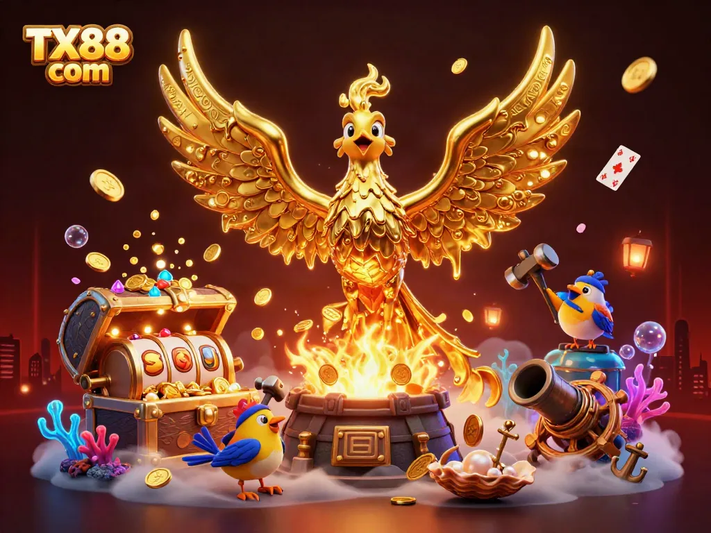 Experience thrilling gameplay with TX88 com’s golden phoenix and dazzling casino elements in an enchanting setting.