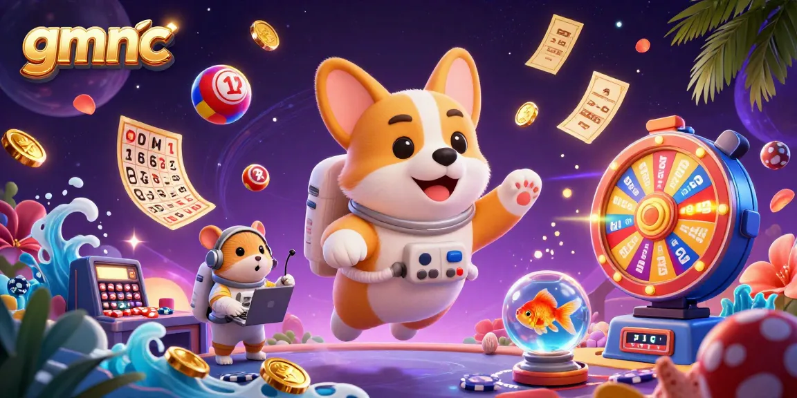 Experience gmnc in a vibrant space station casino filled with floating poker chips, lottery balls, and captivating characters.