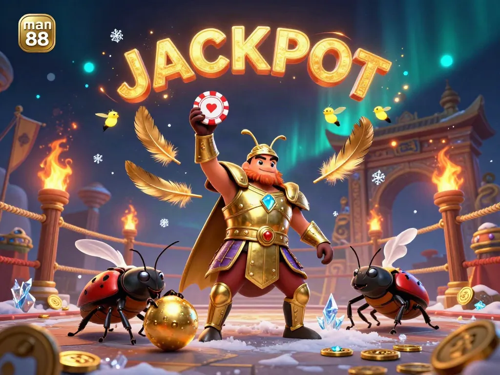 Experience the excitement of man88 with a 3D beetle champion lifting a poker chip amidst swirling casino elements.