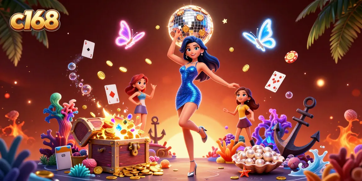 Experience exciting gameplay at c168 with a glamorous dancer amid casino elements and treasure