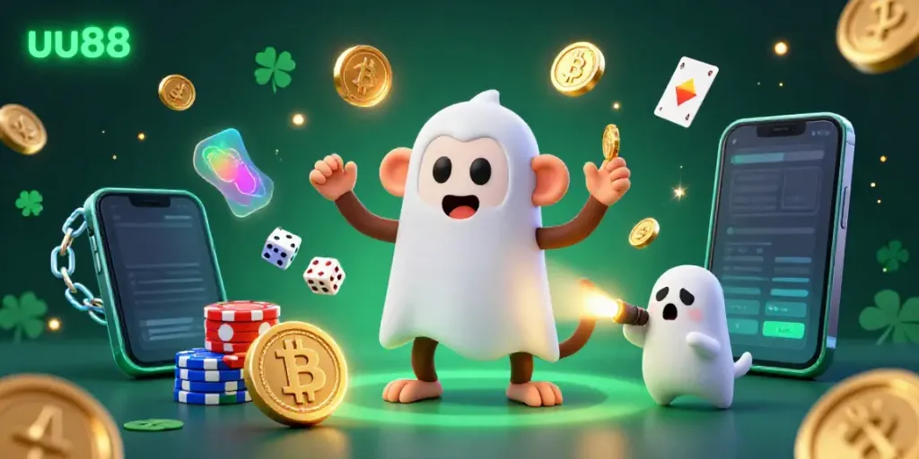 Experience the thrill of uu88 with a playful poltergeist monkey and ghost-hunter puppy in a vibrant casino.