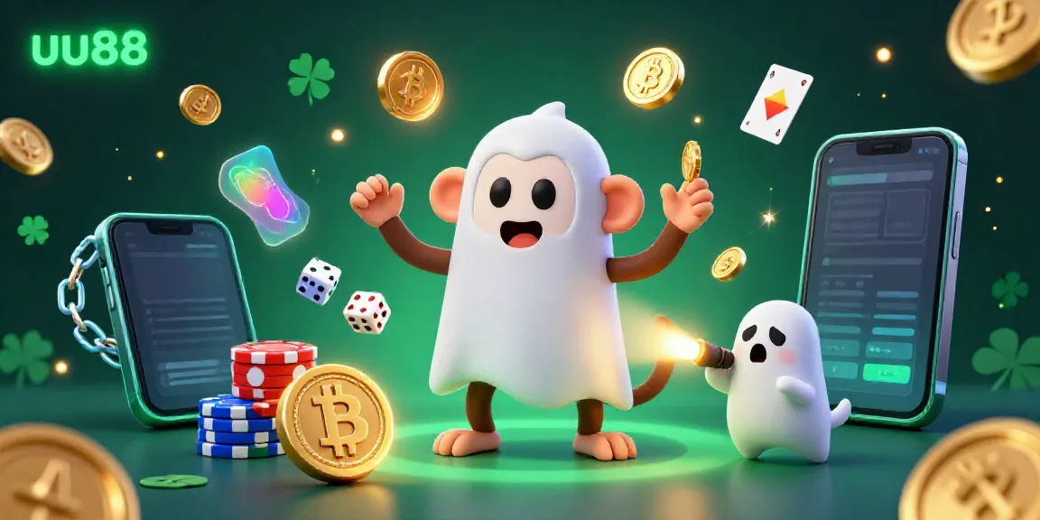 Experience the thrill of uu88 with a playful poltergeist monkey and ghost-hunter puppy in a vibrant casino.
