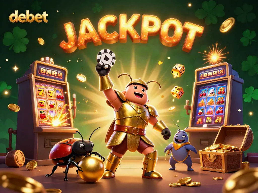 Experience the thrill of debet casino with vibrant cartoon characters celebrating a jackpot scene.