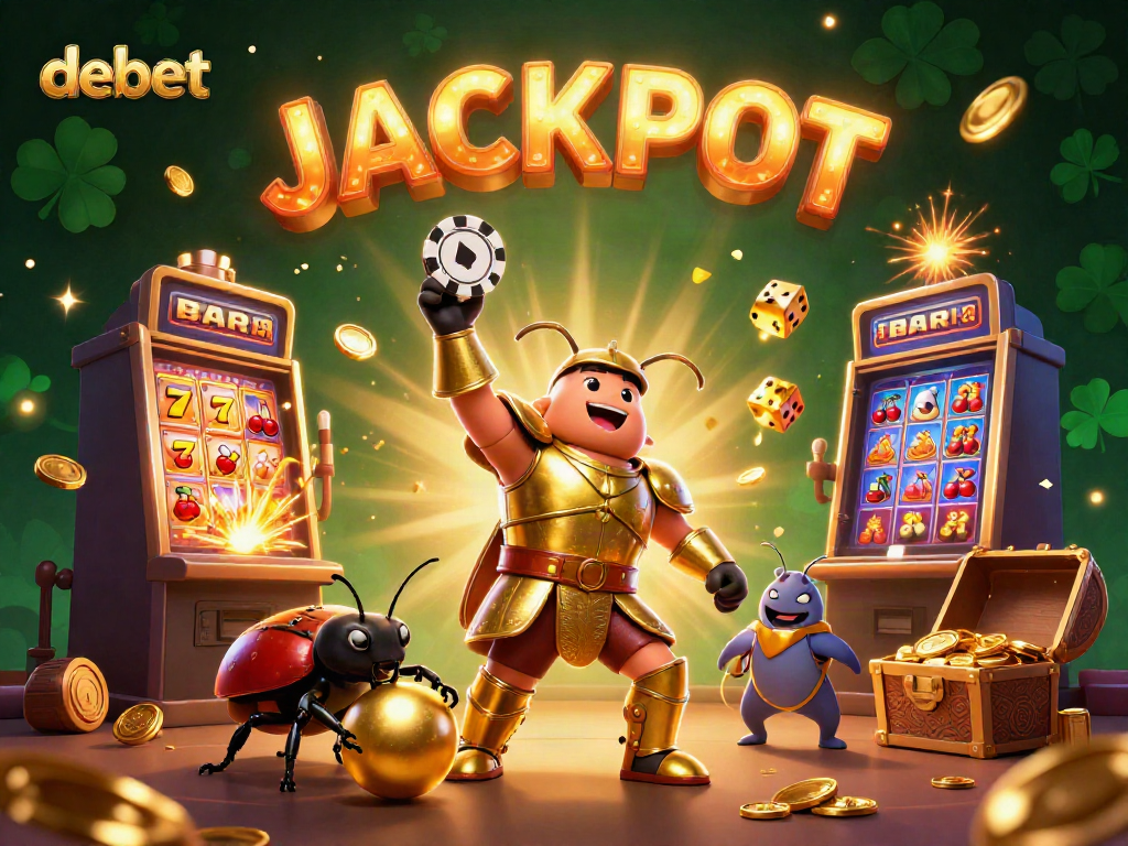 Experience the thrill of debet casino with vibrant cartoon characters celebrating a jackpot scene.