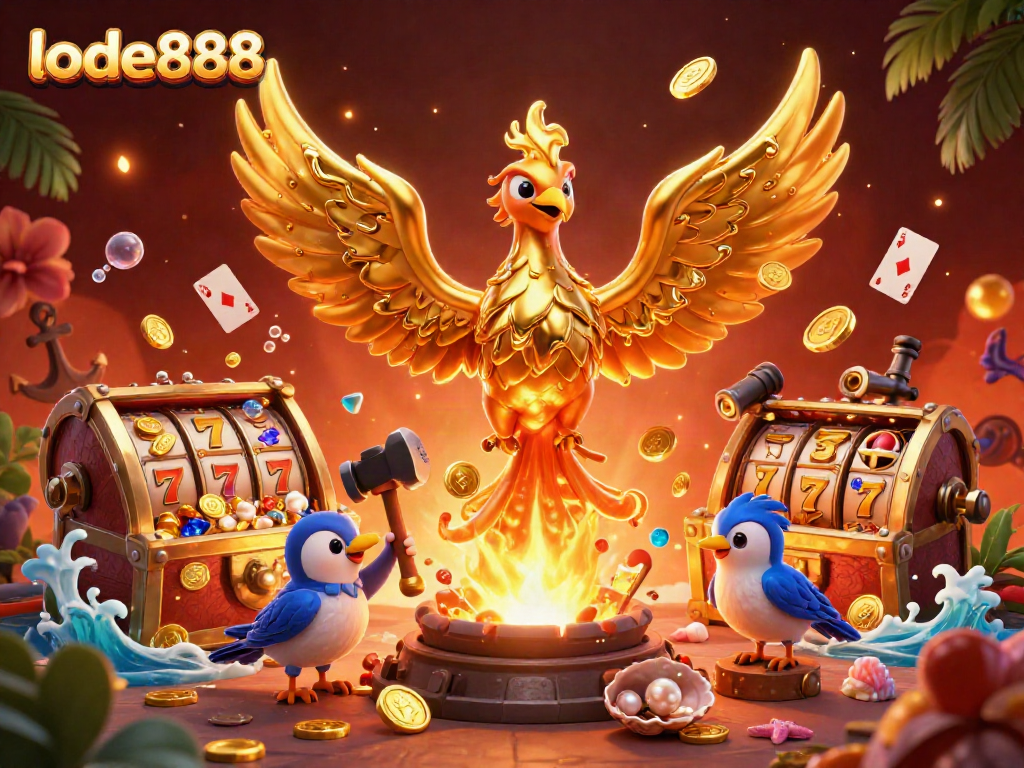 Engage in thrilling gameplay with lode888’s vibrant 3D illustration, showcasing a golden phoenix and casino elements.