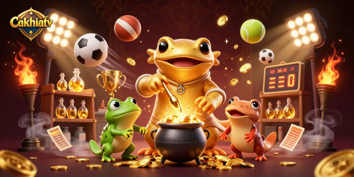 Cakhiatv showcases a lively gambling scene with cartoon characters and sports elements in action.