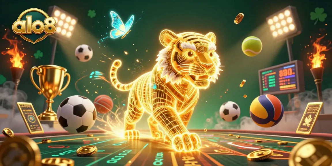 Join the excitement at alo8, where a golden tiger and sports elements create a vibrant casino atmosphere.