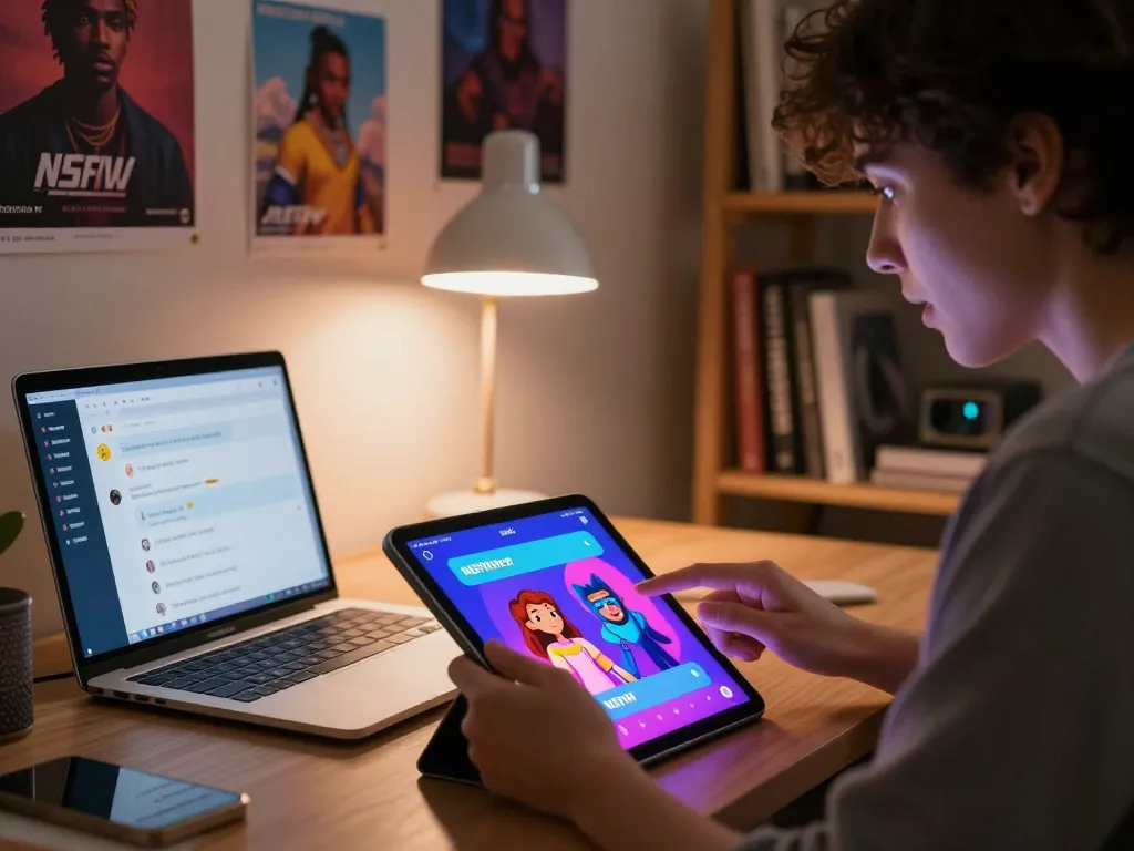 Engaging with Crushon AI on a tablet showcasing vibrant animated characters for NSFW chat.