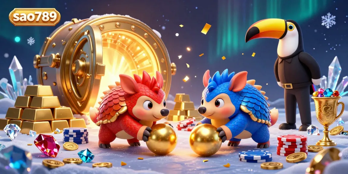 Sao789 casino pangolins compete in a dazzling game with golden treasures and vibrant colors.