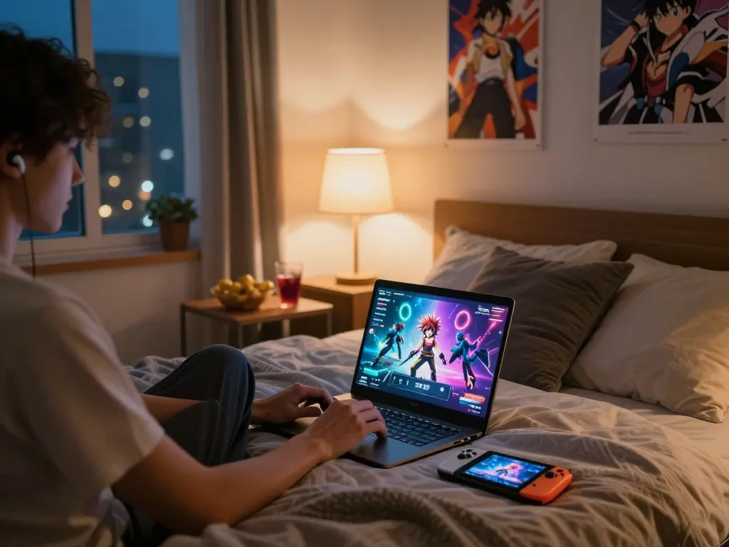 Cozy bedroom gaming scene featuring a person immersed in a porno game with colorful graphics.