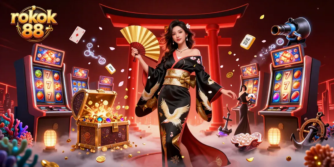 Experience winning thrills with rokok 88 in this vibrant casino illustration featuring slot machines and dynamic characters.