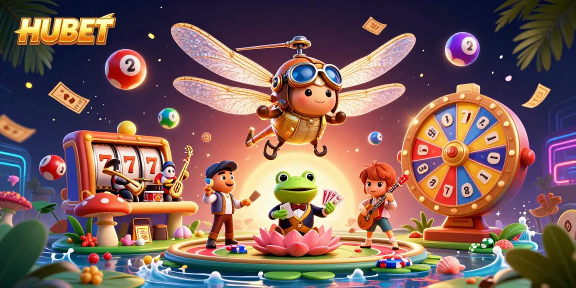 Experience thrilling gameplay at HUBET with a vibrant dragonfly pilot, frog croupier, and dynamic casino elements.