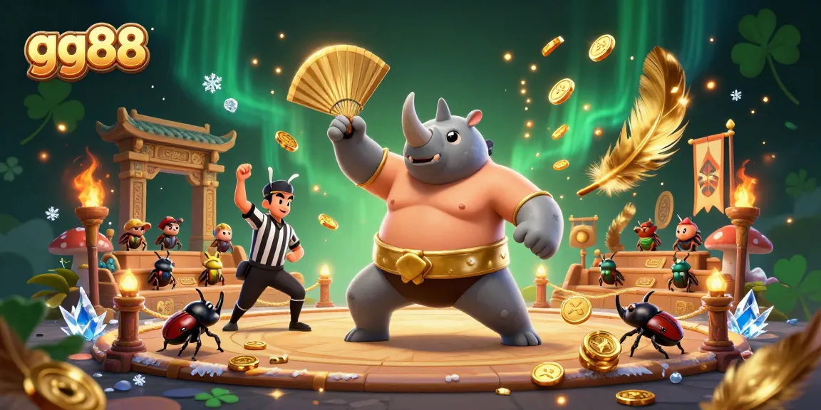 Engage in epic battles with gg88’s lively 3D illustration of a beetle champion and cricket referee amid flying coins.