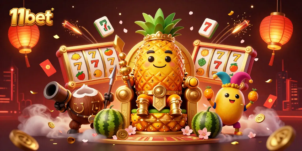 Engage with 11bet's vibrant casino realm featuring a golden pineapple king and dynamic gaming elements.