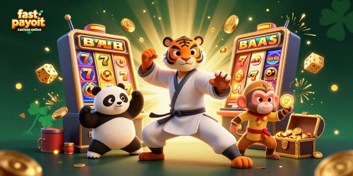 Experience fast payout casinos online in a vibrant 3D illustration of a kung fu tiger and friends.