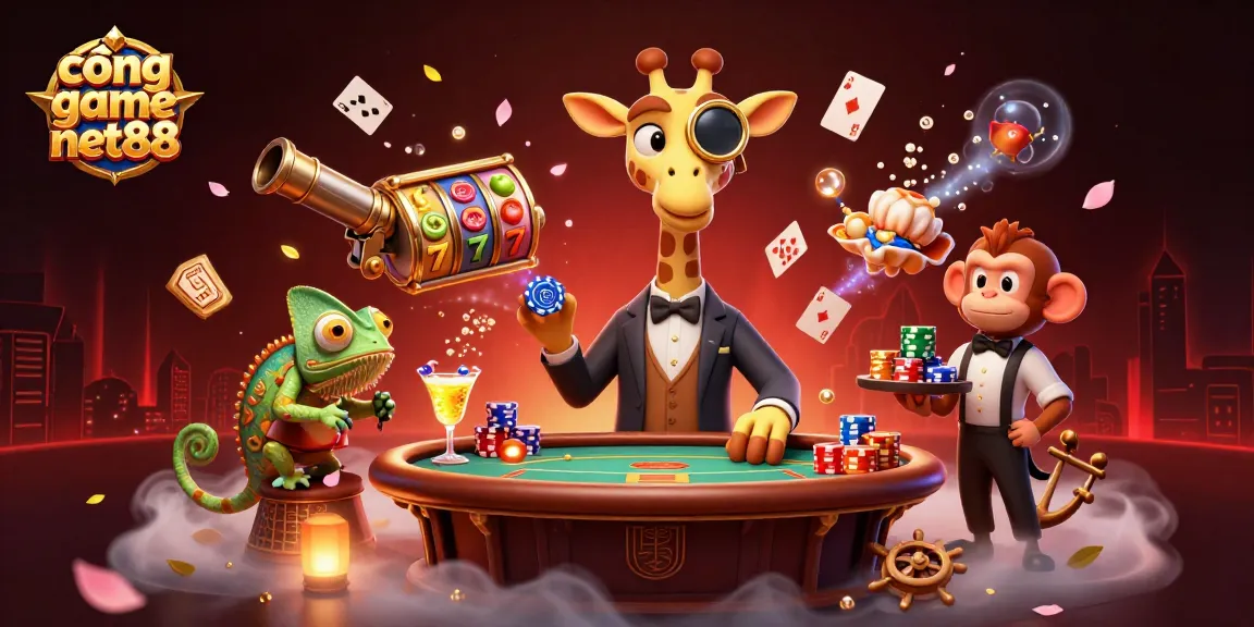 Play and win at cổng game net88 with a vibrant poker scene featuring a high-roller giraffe and interactive game elements.